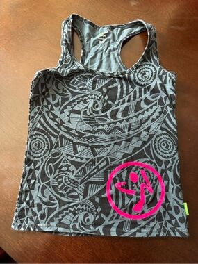 Zumba Fitness Gray Patterned Racerback Tank with Pink Logo